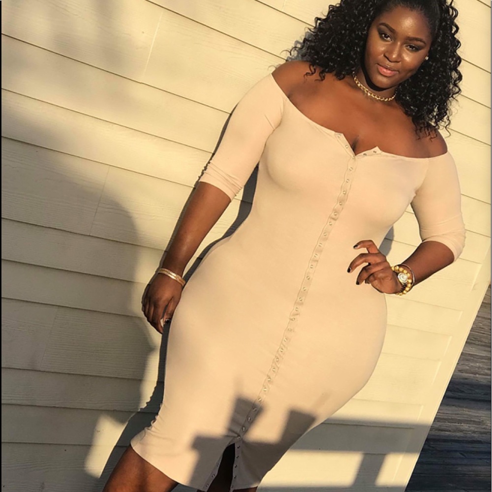 Nude Button Up Midi Dress